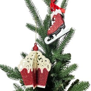 Glitter Red White Christmas Ornaments Set of Two Cupcake Ice Skates Sparkle